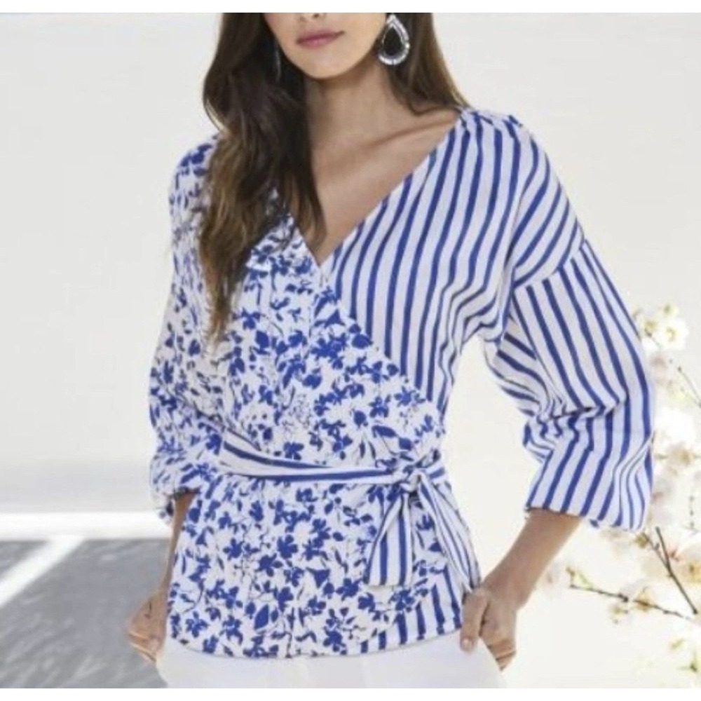 New Etcetera Top Womens Sz 4 Mixed Wrap Pullover Blouse Floral Stripes Dolman
